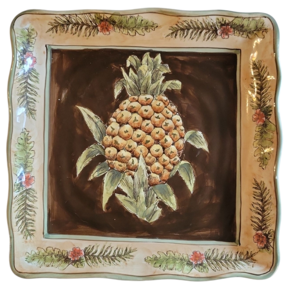 Vtg Square Ceramic Welcoming Pineapple Floral Leaf Serving Dinner Cake Plate 11"